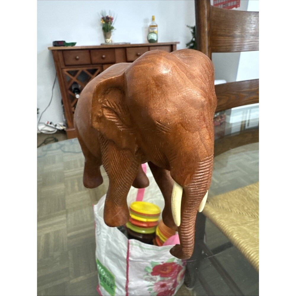 Vintage Hand Carved Wood Elephant Teak Wood Figurine Statue Sculpture